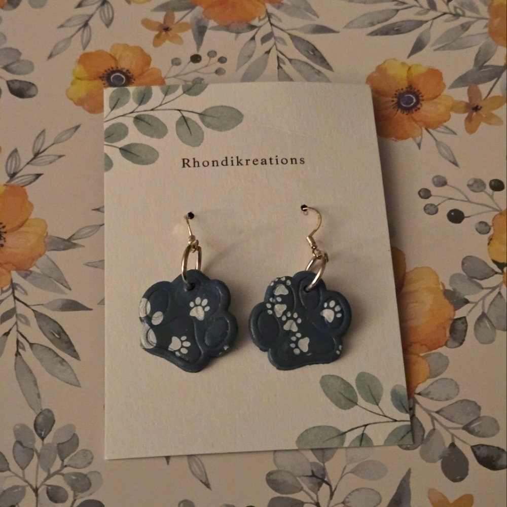 🆕️ Clay Teal/White Paw Print Stud Earrings w/ Drop Dangle Made by Local Artist